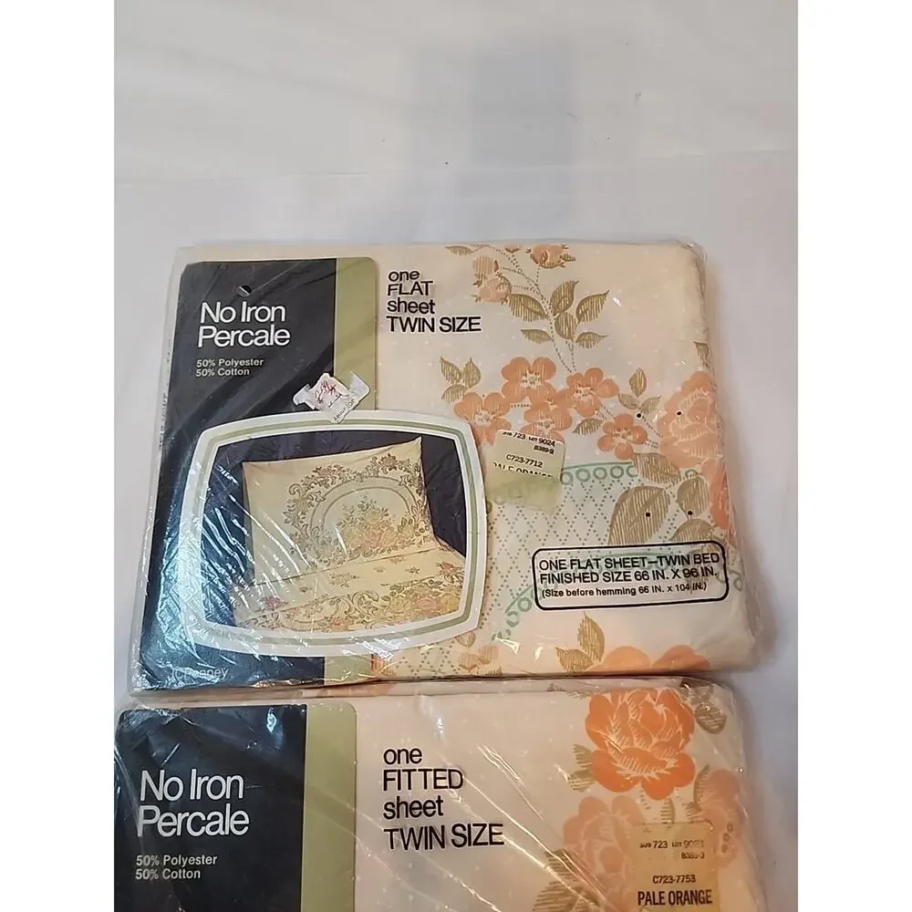 Vtg JCPenney No Iron Percale Fitted And Flat Sheets Floral Pale Orange Salmon